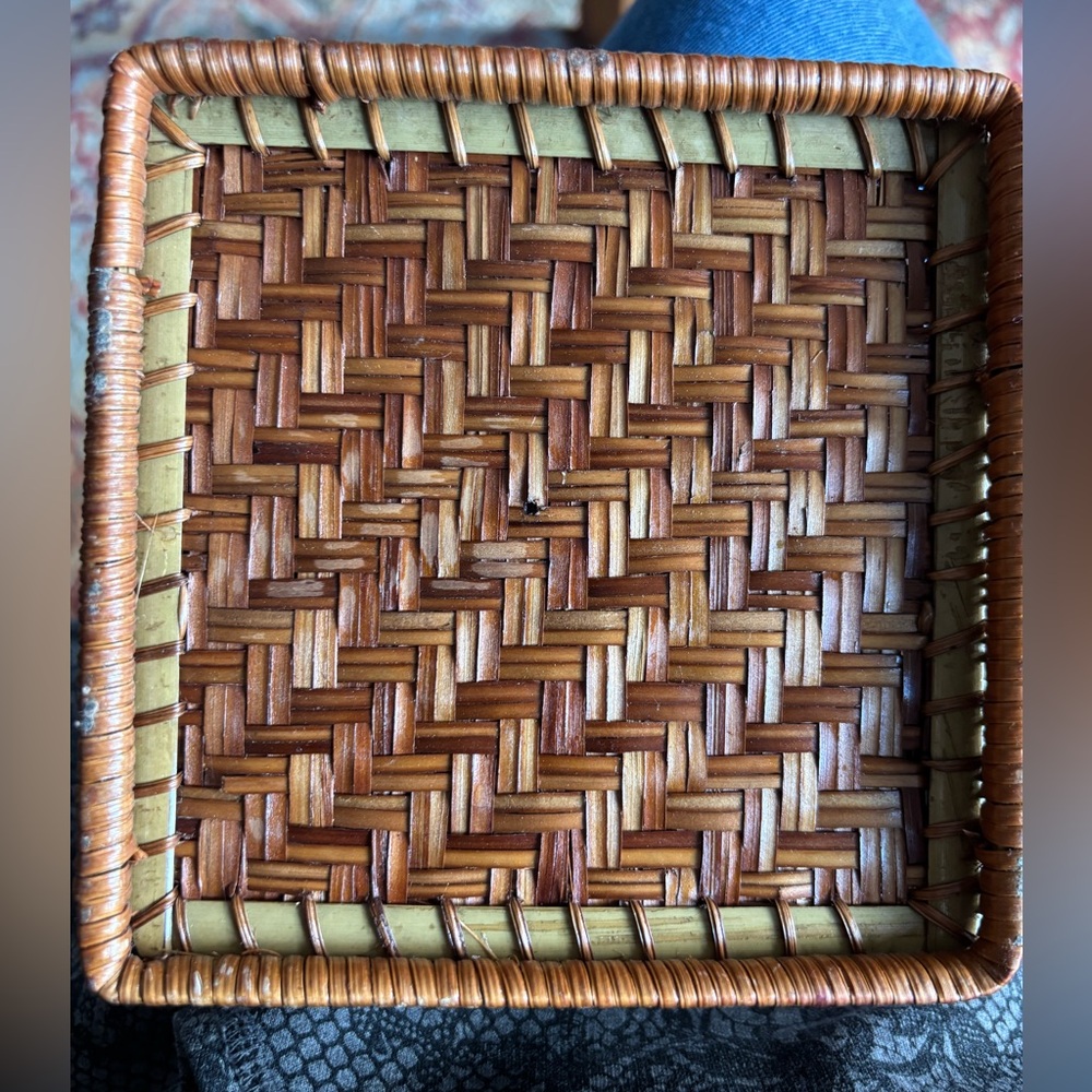 Vintage Rattan Woven cocktail Napkin Tray 6”x6”